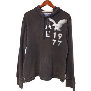 American Eagle Waffle Knit Hoodie Mens M Brown Vintage Fit Y2K Grunge Thermal
